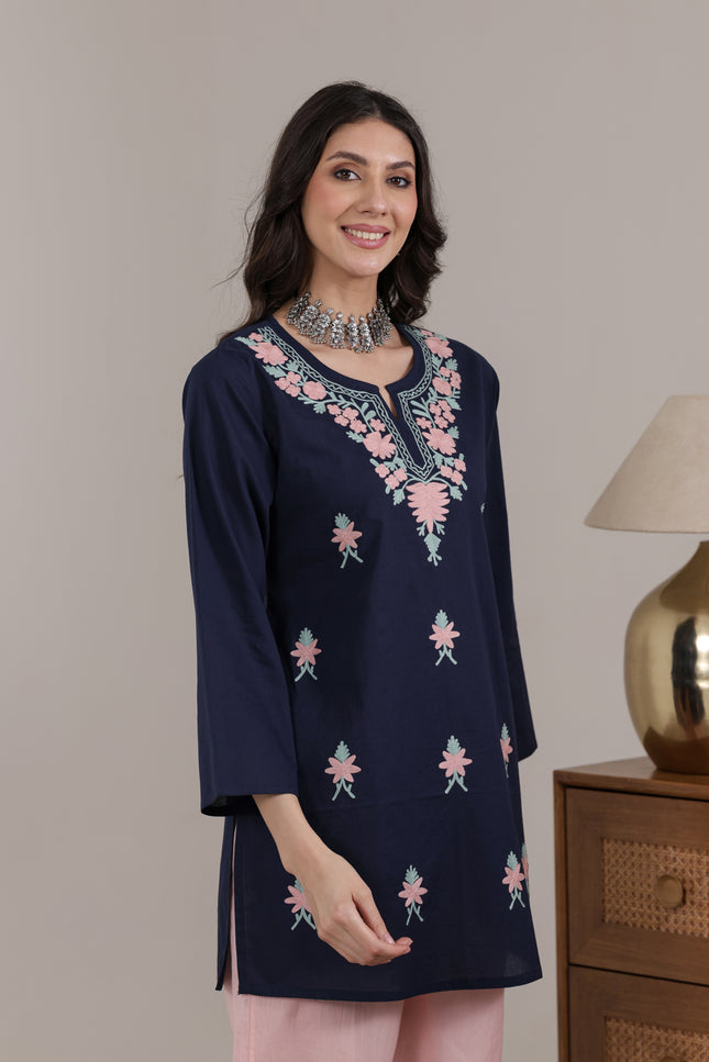 Qazmi Women's Aari Embroidered Pure Cotton Short Kurta