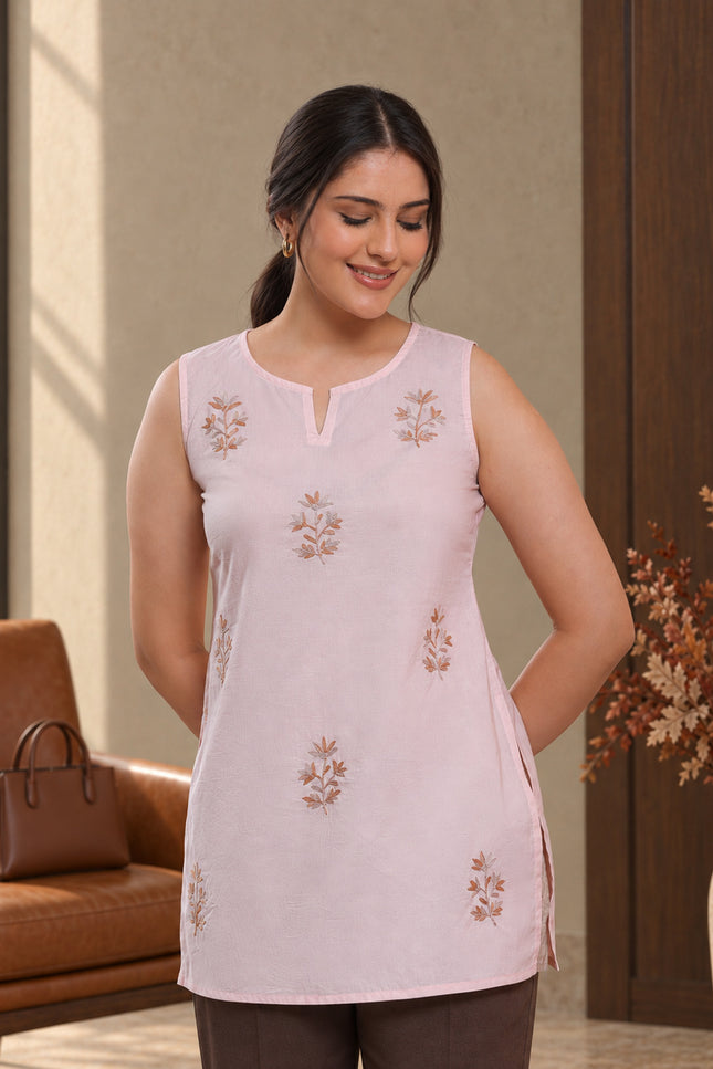Qazmi Women Embroidered Viscose Rayon Sleeveless Embroidered Kurti