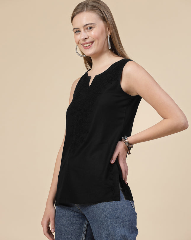 Black Self Sleeveless Aari Short Kurti For Women