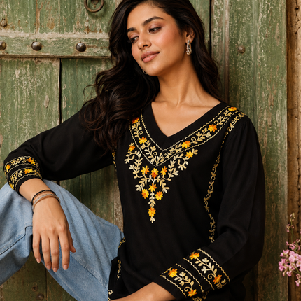 Qazmi Women's Amina Kashmiri Embroidered V-Neck Short Kurti