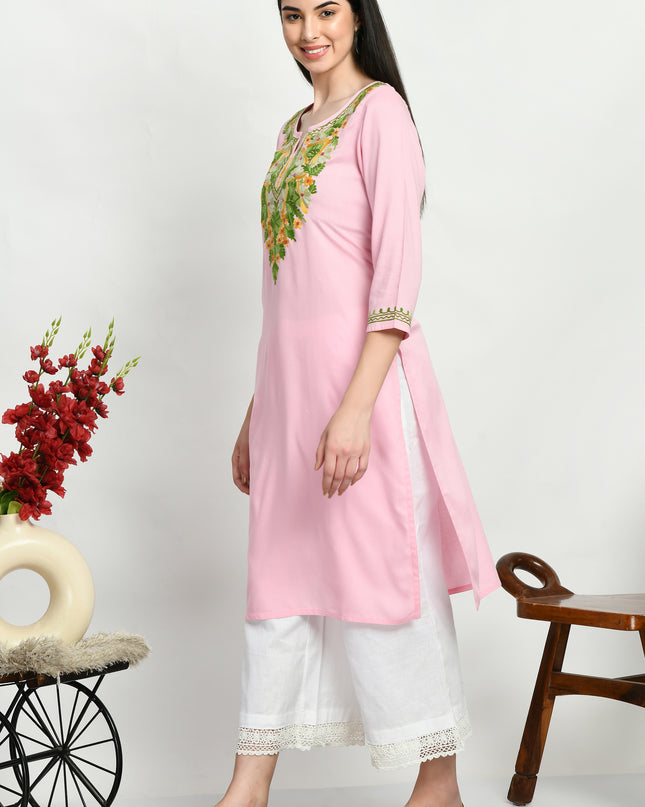 Light Pink Multi Aari Long Kurti For Women