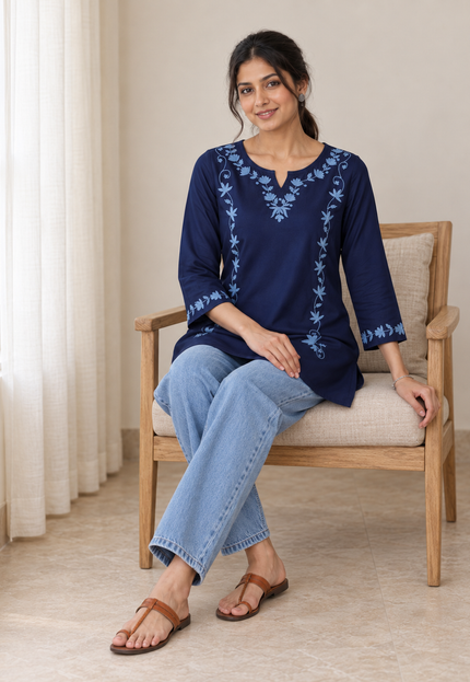 Qazmi Women Kashmiri Aari Embroidered A-Line Viscose Rayon Short Kurti with Full Sleeves