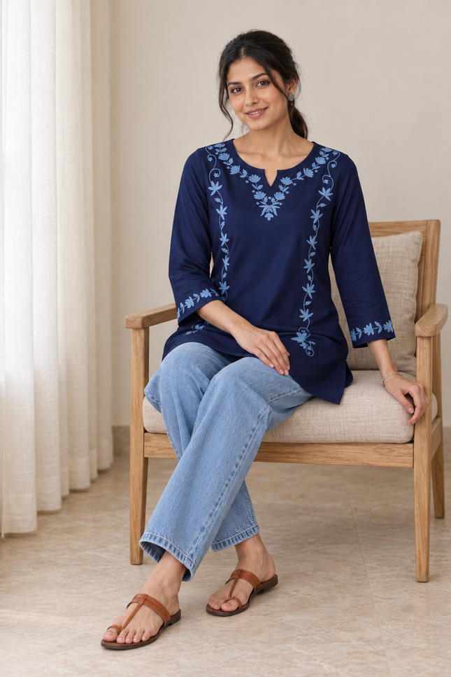 Qazmi Women Kashmiri Aari Embroidered A-Line Viscose Rayon Short Kurti with Full Sleeves