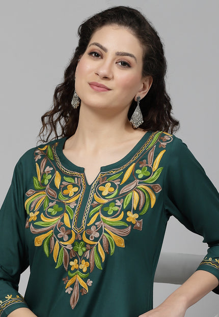 Bushra Green Aari Long Kurti For Women