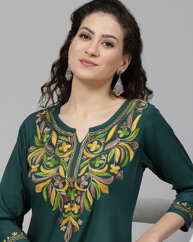 Bushra Green Aari Long Kurti For Women