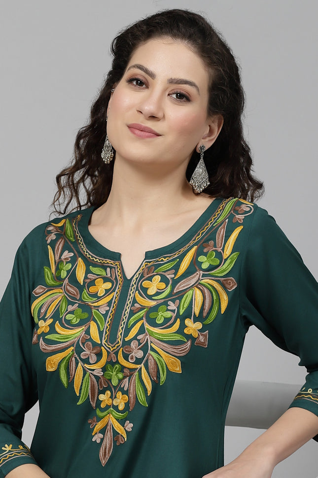 Bushra Green Aari Long Kurti For Women