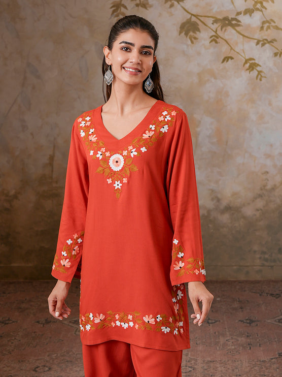 Qazmi Women's Aari Work V-Neck Black CoOrd Set