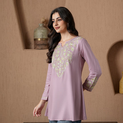 Qazmi Women's Kashmiri A-Line Full Sleeves Viscose Rayon Black Flared Short Kurti