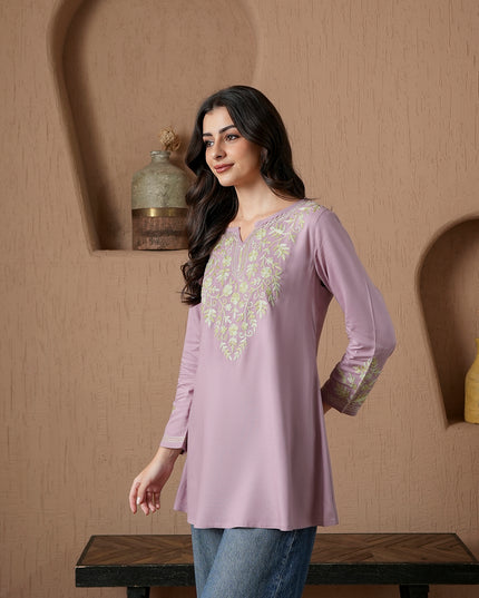 Qazmi Women's Kashmiri A-Line Full Sleeves Viscose Rayon Black Flared Short Kurti