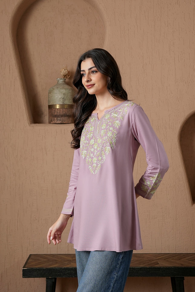 Qazmi Women's Kashmiri A-Line Full Sleeves Viscose Rayon Black Flared Short Kurti