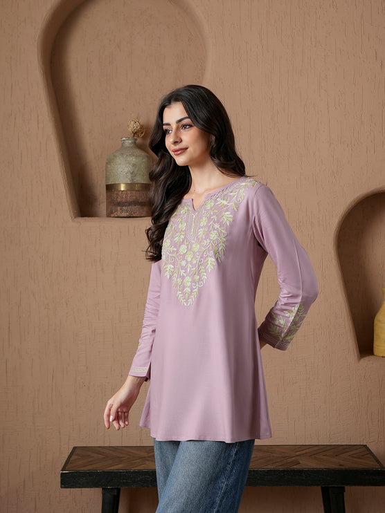 Qazmi Women's Kashmiri A-Line Full Sleeves Viscose Rayon Black Flared Short Kurti