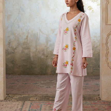 Qazmi Women's Mehreen Kashmiri Aari Work Pearl Studded Cotton Linen CoOrd