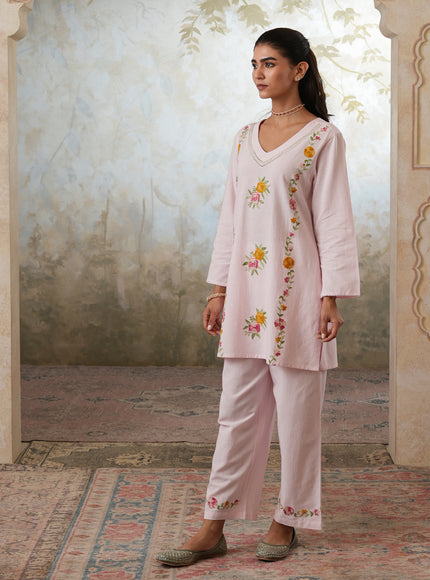 Qazmi Women's Mehreen Kashmiri Aari Work Pearl Studded Cotton Linen CoOrd