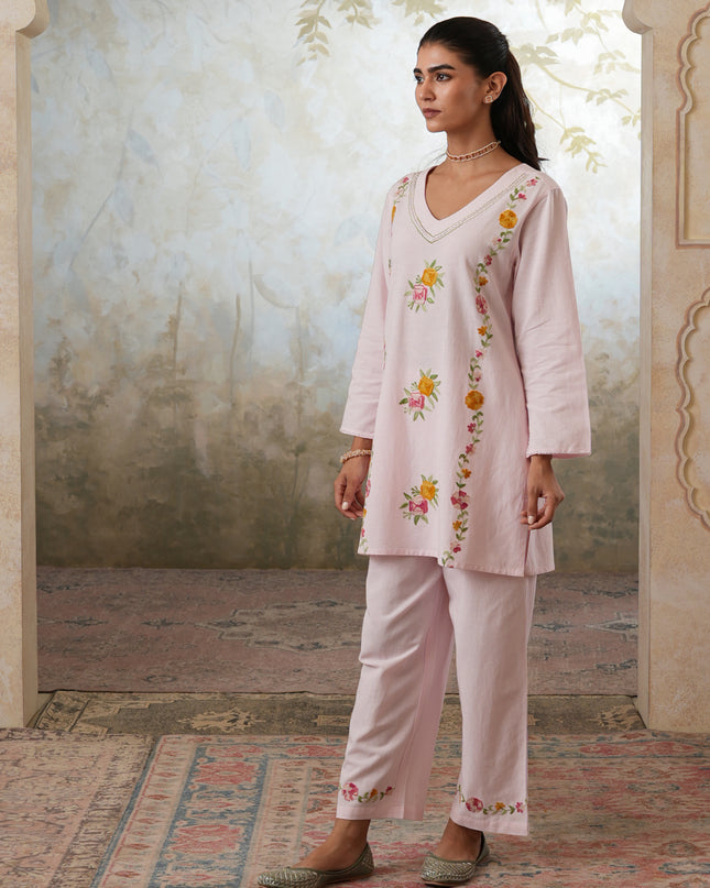 Qazmi Women's Mehreen Kashmiri Aari Work Pearl Studded Cotton Linen CoOrd