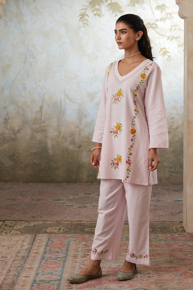 Qazmi Women's Mehreen Kashmiri Aari Work Pearl Studded Cotton Linen CoOrd