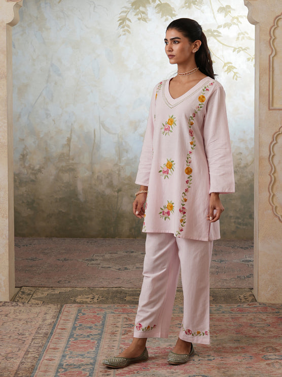 Qazmi Women's Mehreen Kashmiri Aari Work Pearl Studded Cotton Linen CoOrd