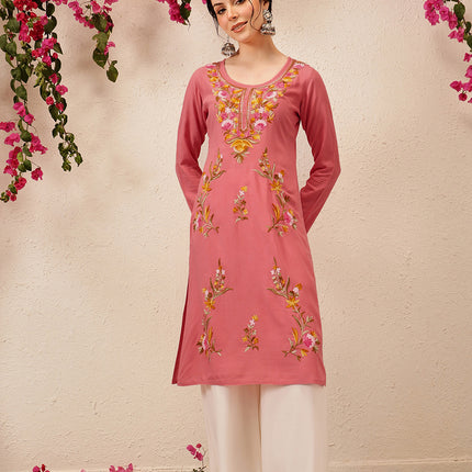 Qazmi Women's Sahar Kashmiri Aari Work Straight Kurta