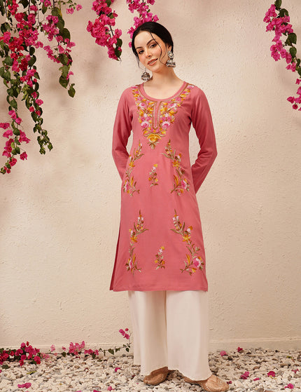 Qazmi Women's Sahar Kashmiri Aari Work Straight Kurta