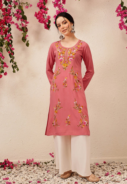 Qazmi Women's Sahar Kashmiri Aari Work Straight Kurta