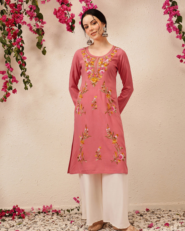 Qazmi Women's Sahar Kashmiri Aari Work Straight Kurta