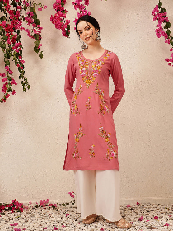 Qazmi Women's Sahar Kashmiri Aari Work Straight Kurta