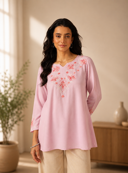 Qazmi Women's Kashmiri A-Line Light Pink Kurti
