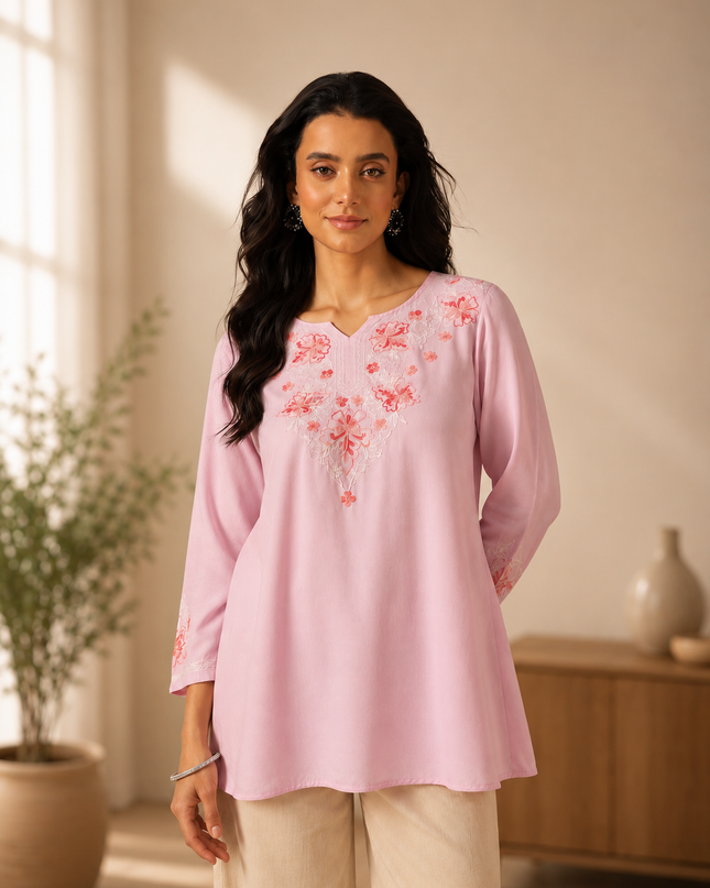 Qazmi Women's Kashmiri A-Line Light Pink Kurti