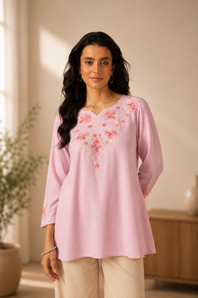Qazmi Women's Kashmiri A-Line Light Pink Kurti