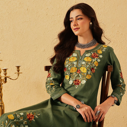 Qazmi Women's Zaynab Kashmiri Aari Work Cotton Linen Olive Green Kurta