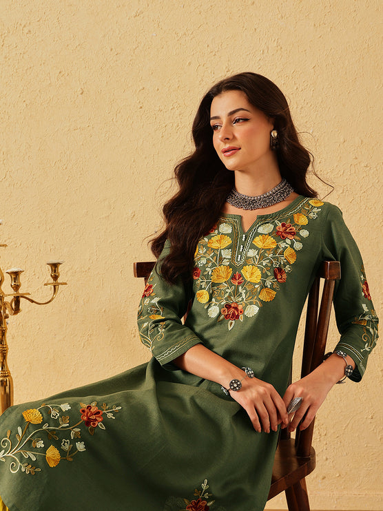 Qazmi Women's Zaynab Kashmiri Aari Work Cotton Linen Olive Green Kurta
