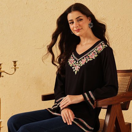 Qazmi Women's Amina Kashmiri Embroidered V-Neck Short Kurti