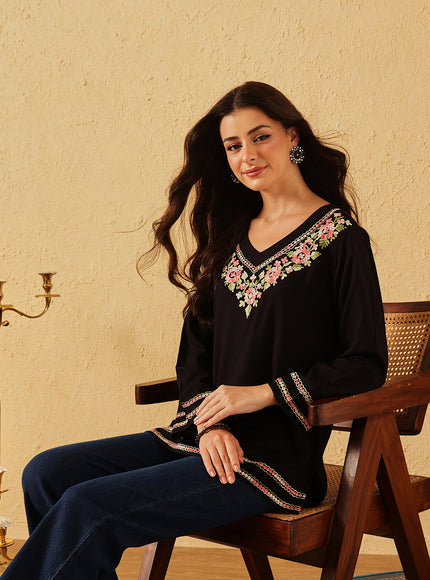 Qazmi Women's Ariana Kashmiri Embroidered V-Neck Short Kurti