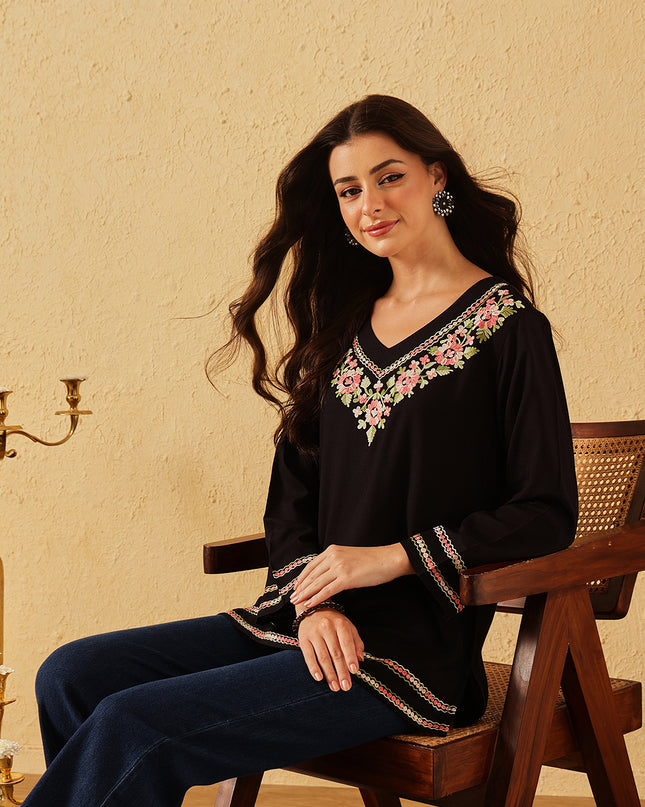 Qazmi Women's Ariana Kashmiri Embroidered V-Neck Short Kurti