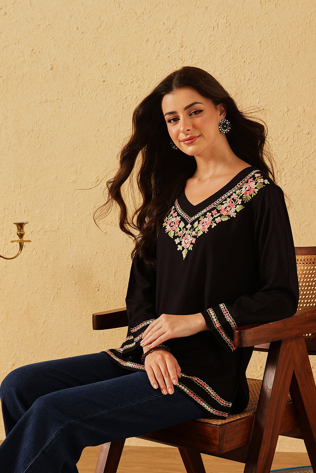 Qazmi Women's Ariana Kashmiri Embroidered V-Neck Short Kurti