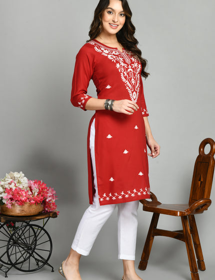 Red Offwhite Boota Aari Long Kurti For Women