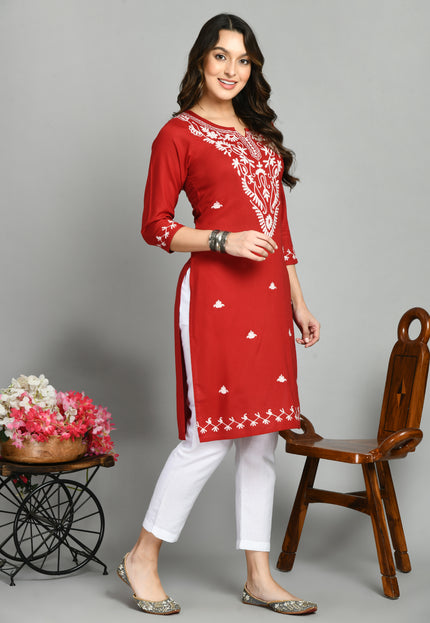 Red Offwhite Boota Aari Long Kurti For Women