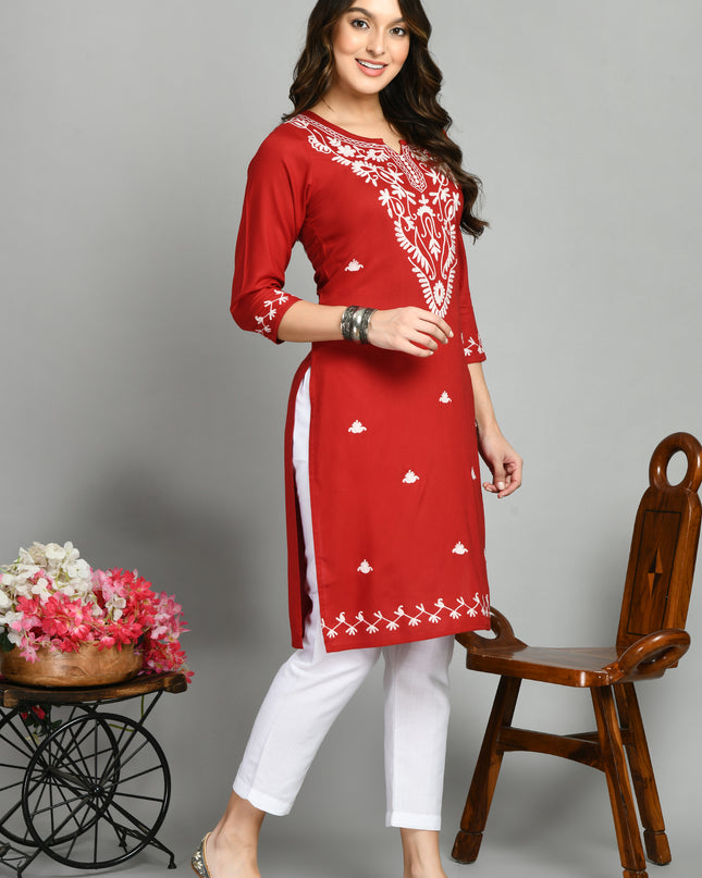 Red Offwhite Boota Aari Long Kurti For Women