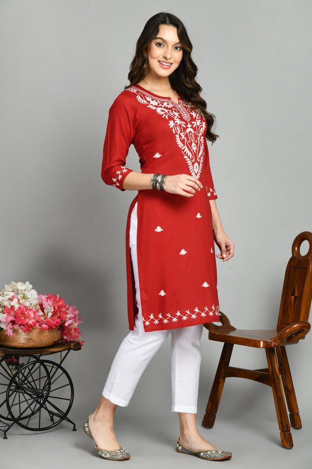 Red Offwhite Boota Aari Long Kurti For Women