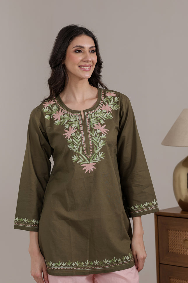Qazmi Women Aari Embroidered Pure Cotton Short Kurta with Full Sleeves