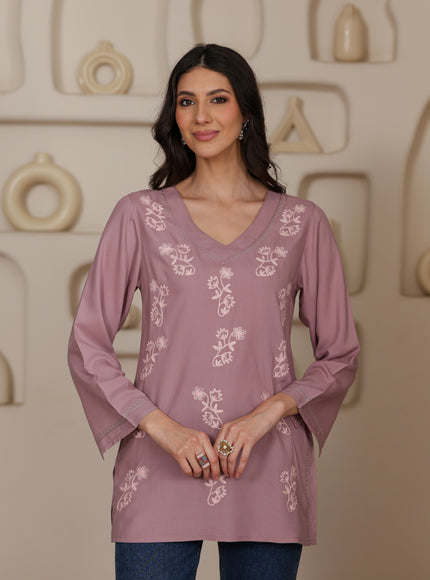 Qazmi Women Kashmiri Aari Embroidered Viscose Rayon Flared Sleeves Short Kurti