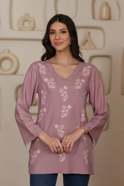 Qazmi Women Kashmiri Aari Embroidered Viscose Rayon Flared Sleeves Short Kurti