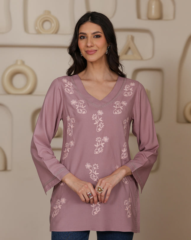Qazmi Women Kashmiri Aari Embroidered Viscose Rayon Flared Sleeves Short Kurti