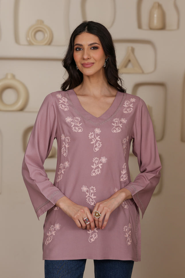 Qazmi Women Kashmiri Aari Embroidered Viscose Rayon Flared Sleeves Short Kurti