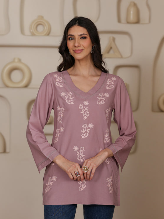 Qazmi Women Kashmiri Aari Embroidered Viscose Rayon Flared Sleeves Short Kurti