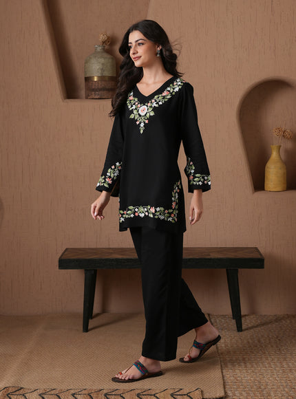 Qazmi Women's Aari Work V-Neck Black CoOrd Set
