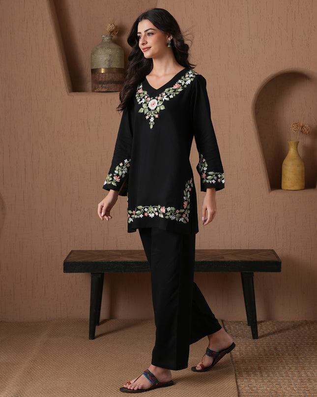 Qazmi Women's Aari Work V-Neck Black CoOrd Set