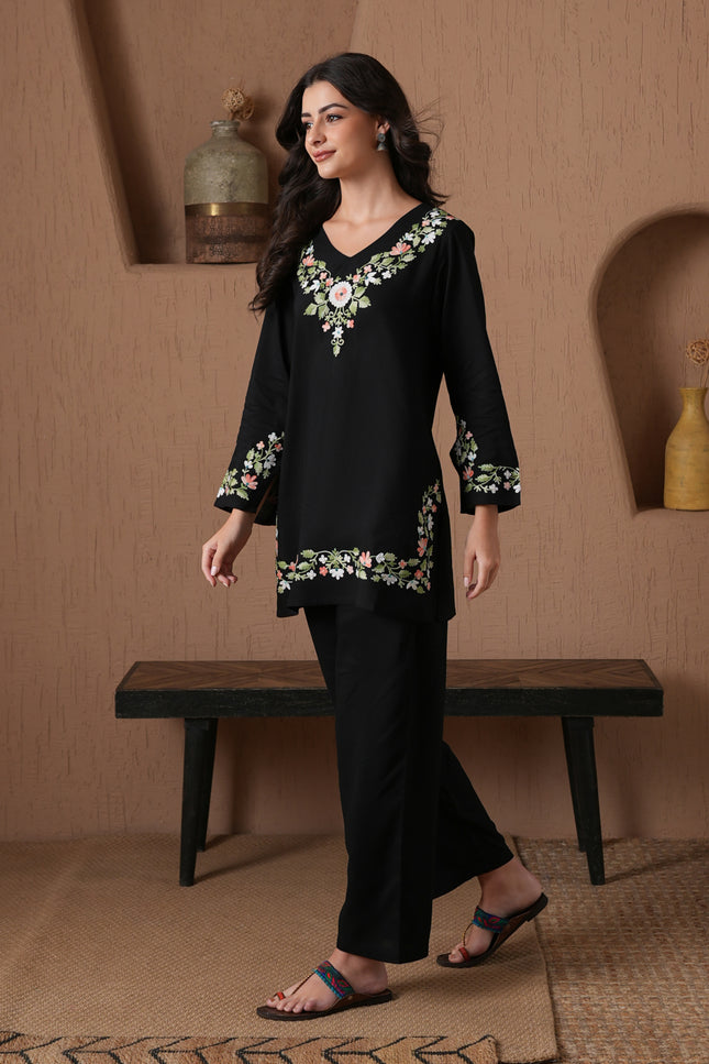 Qazmi Women's Aari Work V-Neck Black CoOrd Set