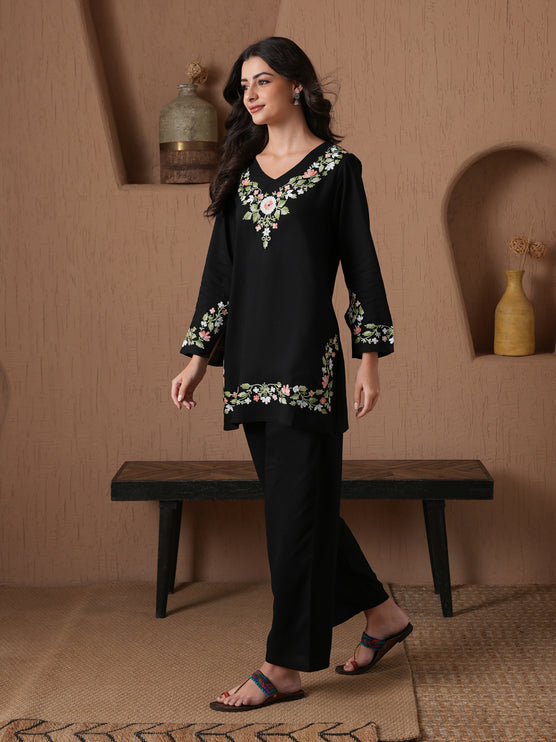 Qazmi Women's Aari Work V-Neck Black CoOrd Set