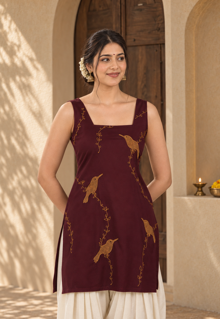 Qazmi Women Embroidered Viscose Rayon Sleeveless Kurti with Square Neck & Tie-Up Back