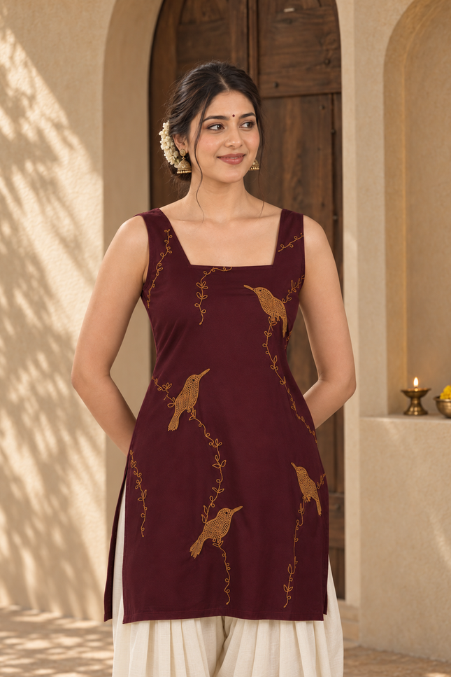 Qazmi Women Embroidered Viscose Rayon Sleeveless Kurti with Square Neck & Tie-Up Back